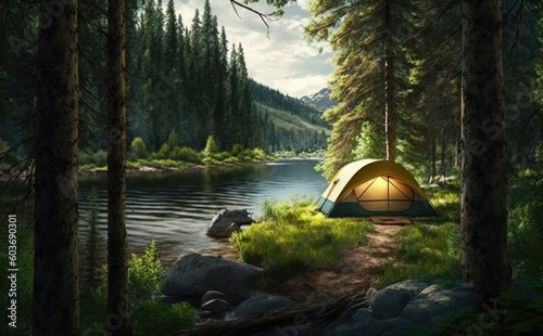 tourist tent camping in nature the forest on the banks of the river, yellow tent, bonfire, moon, hiking, © aimart