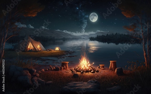 tourist tent camping in nature the forest on the banks of the river, yellow tent, bonfire, moon, hiking,