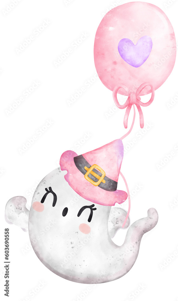 Cute Pink Ghost Halloween watercolor hand painted kawaii cartoon