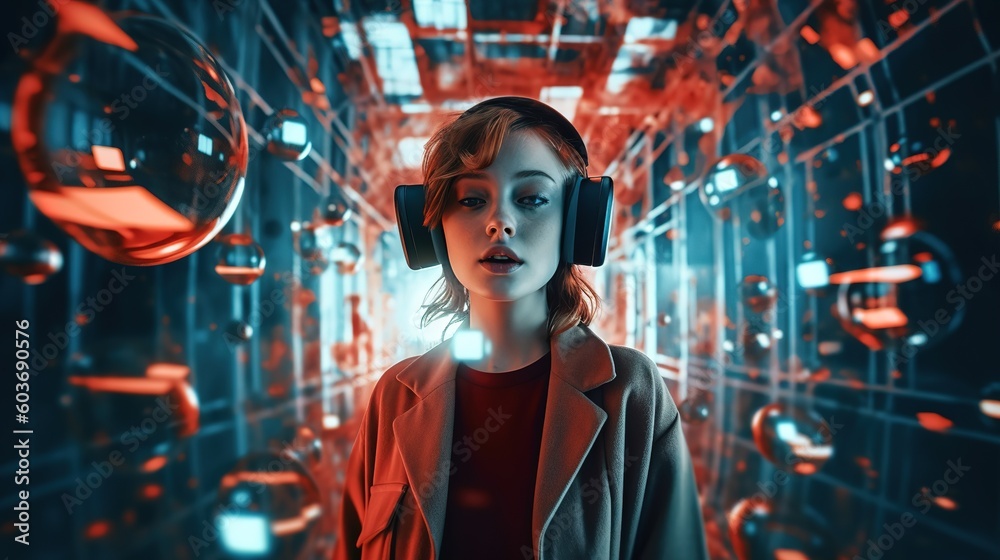 Obraz premium Woman in cyber space, metaverse, online meeting, futuristic background