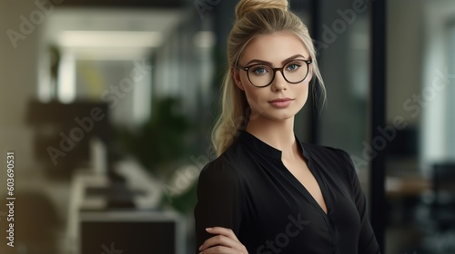 Portrait of a young, beautiful woman, wearing glasses and a white shirt, classy, elegant, chic