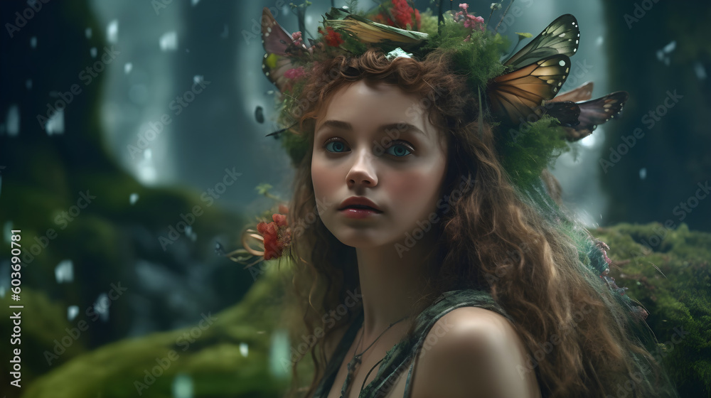 Ethereal beauty of a fairy gracefully adorning a lush forest made with Generative AI