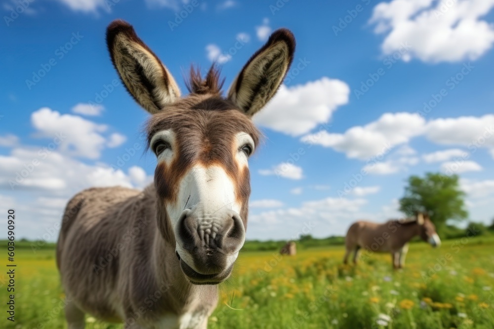 A donkey stands in a pasture and looks into the camera (Generative AI, Generativ, KI)