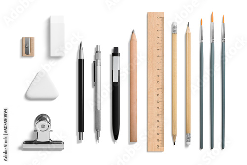 Collection of various pens, pencils, mechanical pencils, brushes, erasers, paper clip and ruler isolated on a transparent background, PNG. High resolution. 