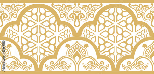 Vector golden seamless oriental national ornament. Endless ethnic floral border, arab peoples frame. Persian painting.