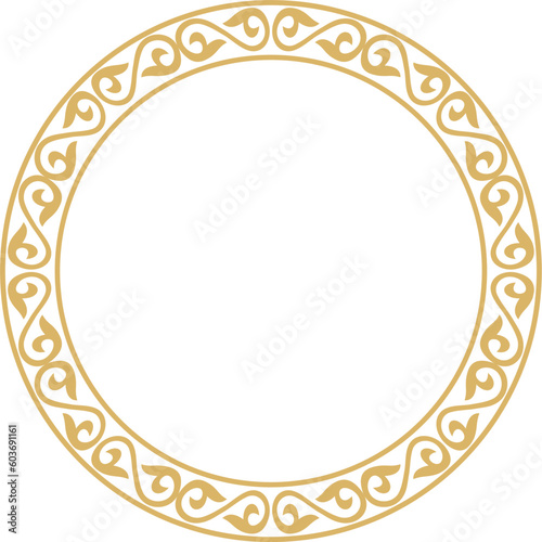 Vector gold Kazakh national round pattern, frame. Ethnic ornament of the nomadic peoples of Asia, the Great Steppe, Kazakhs, Kirghiz, Kalmyks, Mongols, Buryats, Turkmens