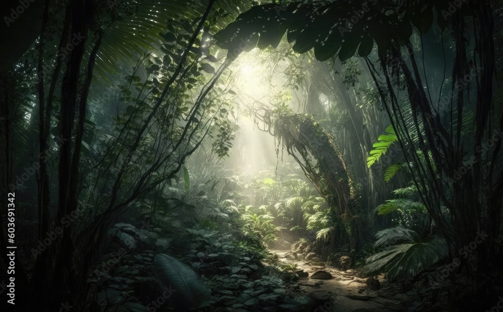Dark tropical rainforest, sun rays through the trees, rich jungle, Atmospheric fantasy forest