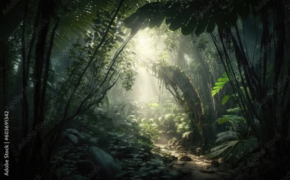 Dark tropical rainforest, sun rays through the trees, rich jungle, Atmospheric fantasy forest Dark tropical rainforest, sun rays through the trees, rich jungle, Atmospheric fantasy forest