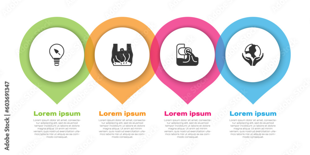 Set Light bulb with leaf, Say no to plastic bags poster, Wastewater and Hand holding Earth globe. Business infographic template. Vector Set Light bulb with leaf, Say no to plastic bags poster, Wastewater and Hand holding Earth globe. Business infographic template. Vector