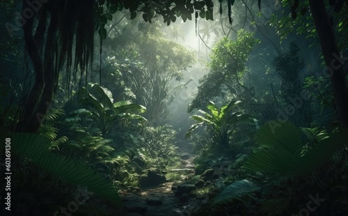 Dark tropical rainforest, sun rays through the trees, rich jungle, Atmospheric fantasy forest © aimart