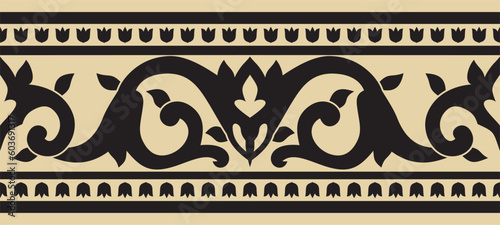 Vector gold and black seamless turkish ornament. Endless ottoman national border, frame..