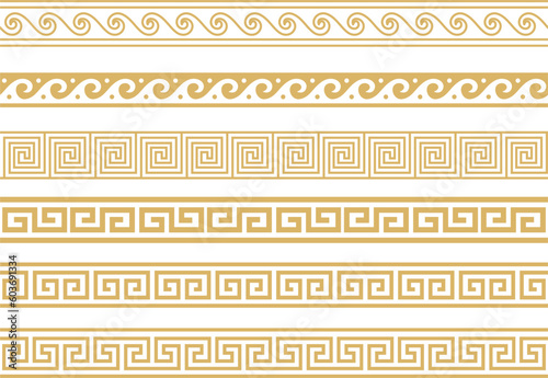 Set of vector seamless greek classic ornament. Pattern for a border and a frame. Ancient Greece and the Roman Empire. Endless golden meander..