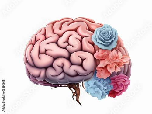 Human brain with flowers, vintage style illustration. Creativity concept. AI generated image. 