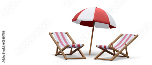  3d realistic render beach chairs with shadow and umbrella . isolated on white background. Vector illustration