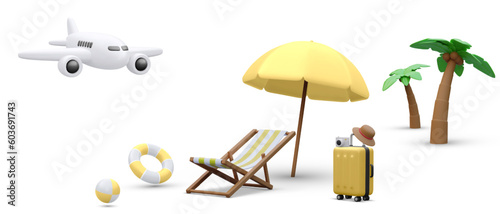 Time to travel concept poster in 3d realistic style with palm tree,  airplane, bitch ball, lifebuoy, beach chair ,umbrella, suitcase  .Vector illustration.