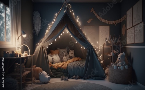 kids bedroom interior in dark colors, Cozy kids room interior, © aimart