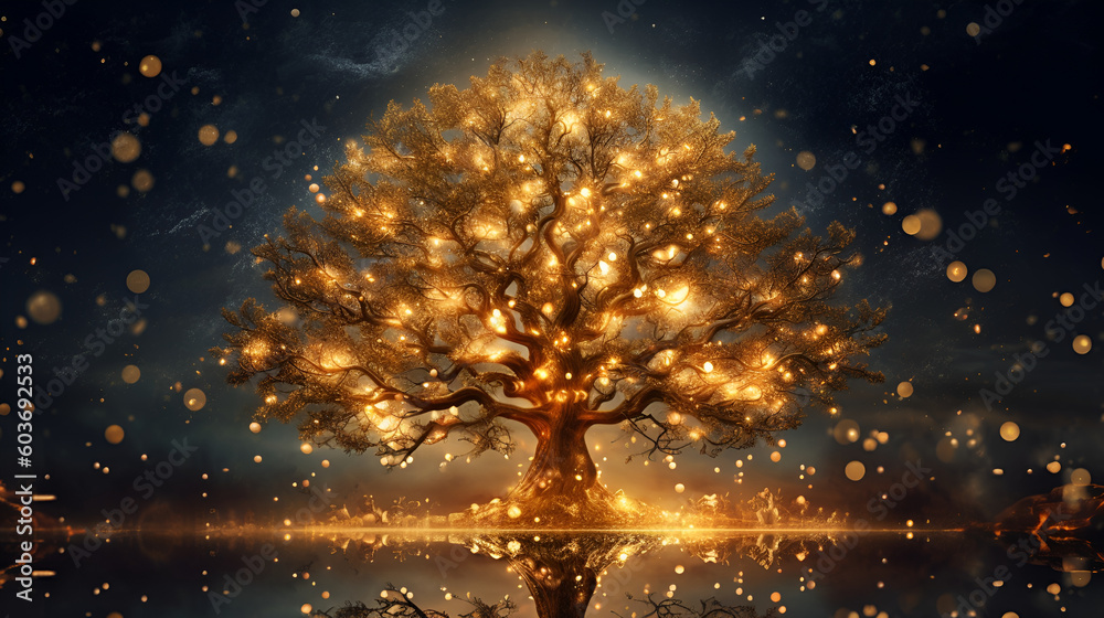 Magic unusual New Year Tree. Card Template with Shining tree. Fairy