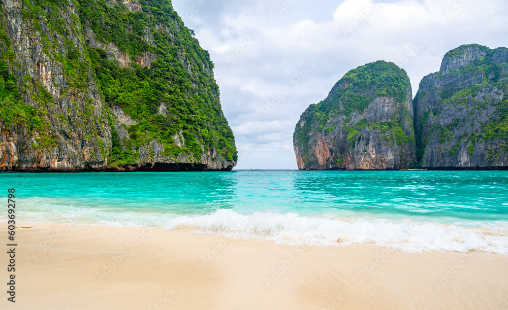 Fototapeta premium View of famous Maya Bay, Thailand. One of the most popular beach in the world. Ko Phi Phi islands. Beach without people.