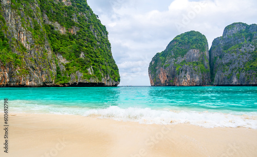 View of famous Maya Bay  Thailand. One of the most popular beach in the world. Ko Phi Phi islands. Beach without people.