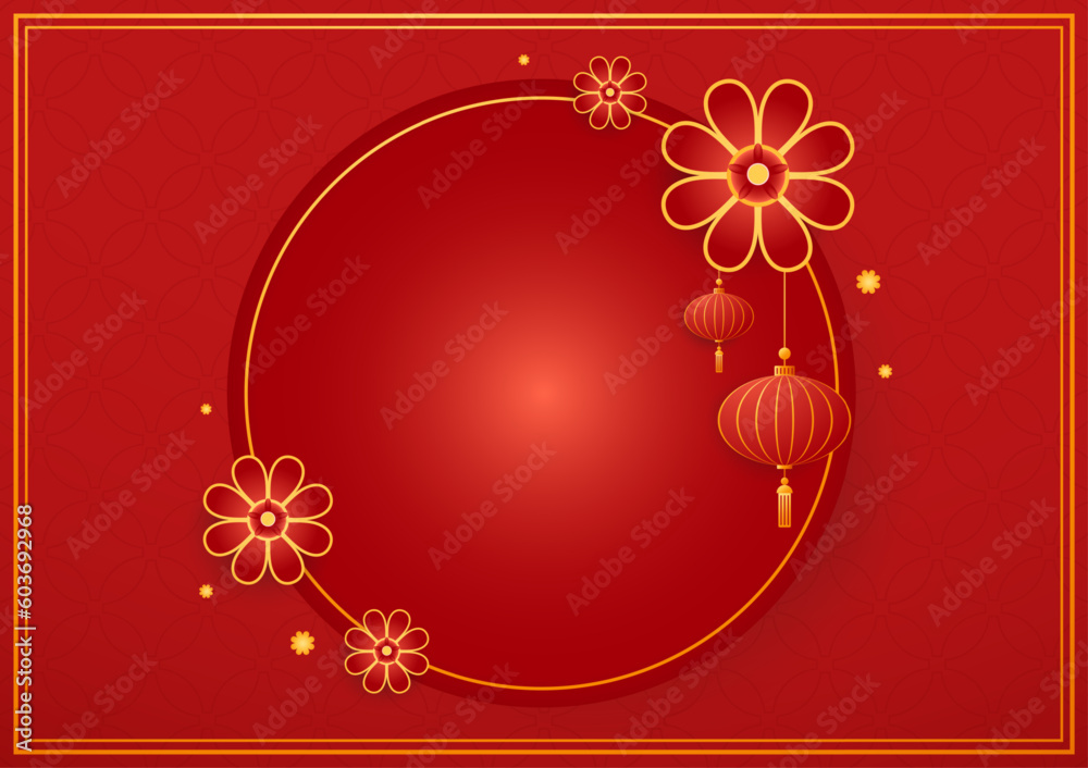 Happy Chinese new year 2024. Chinese new year banner with circle for show product. Greeting card. China frame with lantern on red background. Happy Chinese new year 2024. Chinese new year banner with circle for show product. Greeting card. China frame with lantern on red background.
