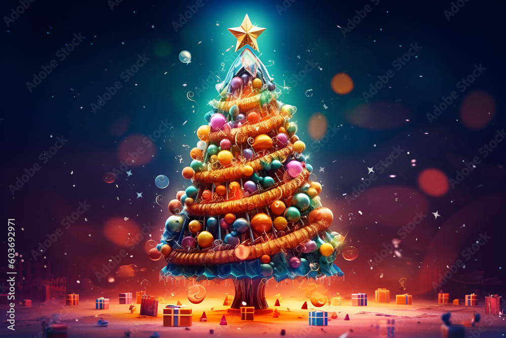 Magic Christmas Tree. Card Template with colorful fir and present boxes. Decorated fairy tale New Year tree, magic moments. Happy New Year and Merry Cristmas banner. Generative AI Magic Christmas Tree. Card Template with colorful fir and present boxes. Decorated fairy tale New Year tree, magic moments. Happy New Year and Merry Cristmas banner. Generative AI