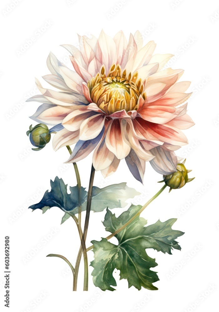 Watercolor illustration of a dahlia flower isolated on white background. Generative AI.