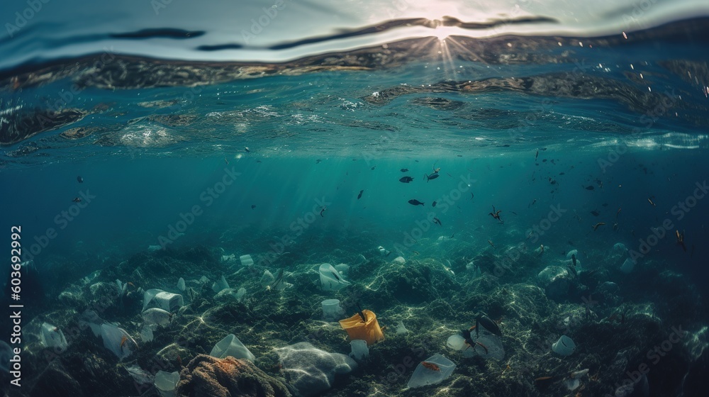 Obraz premium underwater image of a coral reef with plastic garbage