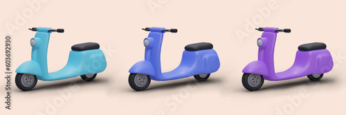 Set of 3D electric scooters in blue and purple colors. Vehicles for overcoming traffic jams. Maneuverable small scooters with electric charging. Single seater personal vehicles