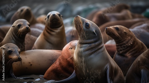A group of sea lions on the polluted beach © Anastasia Shkut