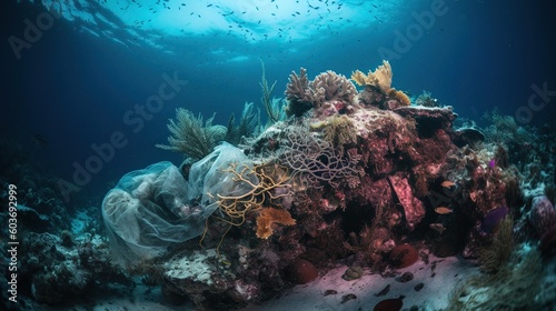 A coral reef with plastic garbage