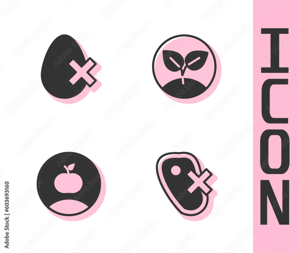 Set No meat, egg, Apple and Sprout icon. Vector