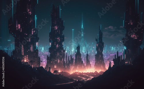 A digital painting of a city with a dark cityscape and a neon city.