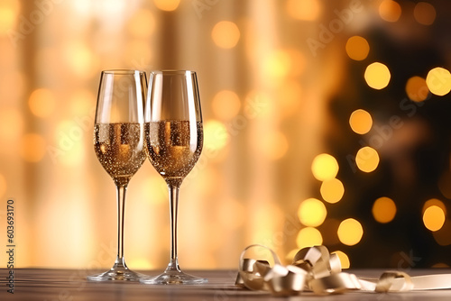 Glasses with champagne and golden ribbons against holiday lights. New Year background. Two glasses of champagne on a table in front of blured christmas tree. New Year dinner  Generative AI