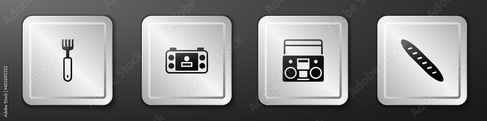 Set Fork, Portable video game console, Home stereo with two speakers and French baguette bread icon. Silver square button. Vector Set Fork, Portable video game console, Home stereo with two speakers and French baguette bread icon. Silver square button. Vector