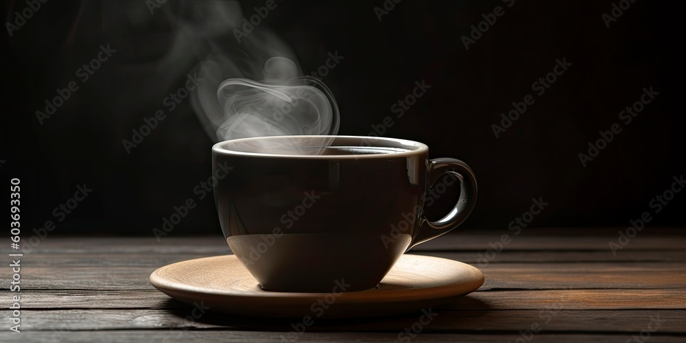 Cup of Coffee with smoke on wooden table. Hot coffee on a black background Cup of Coffee with smoke on wooden table. Hot coffee on a black background