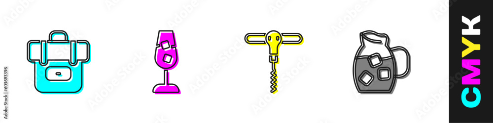 Set Hiking backpack, Wine glass, corkscrew and Jug with water icon. Vector Set Hiking backpack, Wine glass, corkscrew and Jug with water icon. Vector