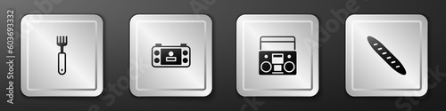 Set Fork, Portable video game console, Home stereo with two speakers and French baguette bread icon. Silver square button. Vector