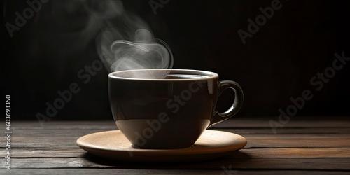 Cup of Coffee with smoke on wooden table. Hot coffee on a black background