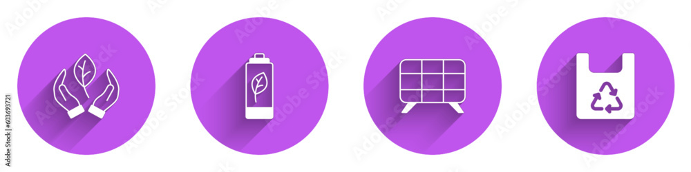Set Leaf in hand, Eco nature leaf battery, Solar energy panel and Shopping bag with recycle icon with long shadow. Vector Set Leaf in hand, Eco nature leaf battery, Solar energy panel and Shopping bag with recycle icon with long shadow. Vector