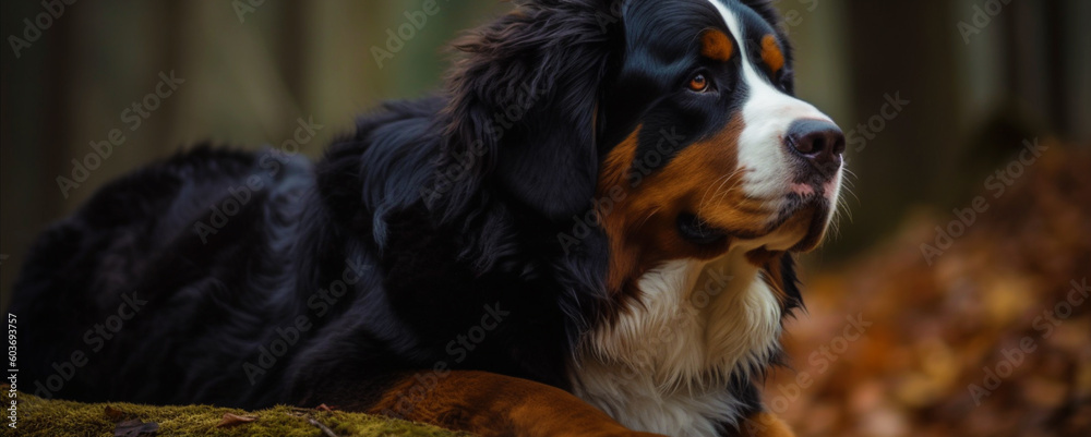 Majestic portrait of a Bernese mountain dog: Power and sweetness embodied in the beauty of this dog breed. generative AI. The faithful friend: a Bernese mountain dog posing.