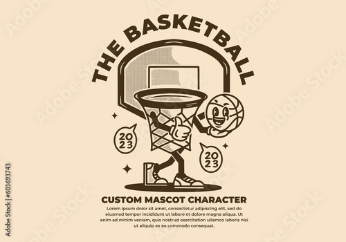 Vintage mascot character design of basket holding a ball