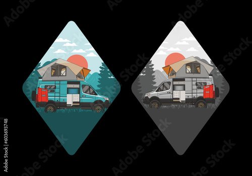 Large van with roof tent illustration design