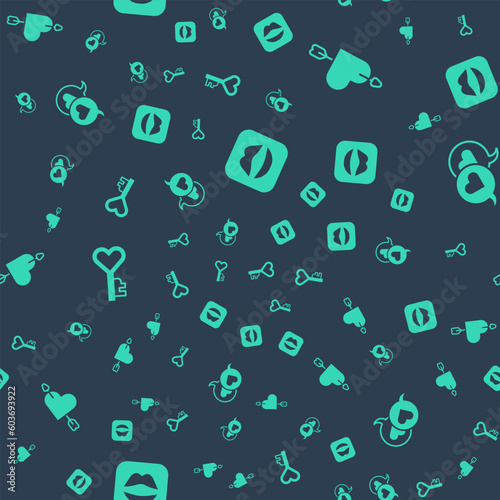 Set Smiling lips, Amour with heart and arrow, Key shape and Heart speech bubble on seamless pattern. Vector