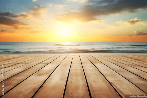 view of the ocean from a wooden dock, summer sun and sky over horizon, Generative AI