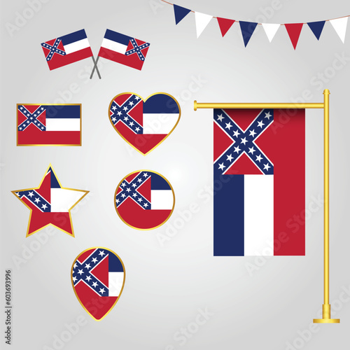 Flags collection of mississippi state of usa emblems and icons in different shapes