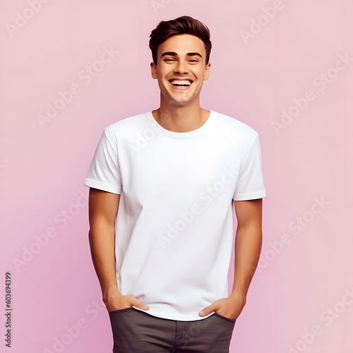 Photo portrait of a happy man with hands in pocket and white  mock up t shirt ai gener