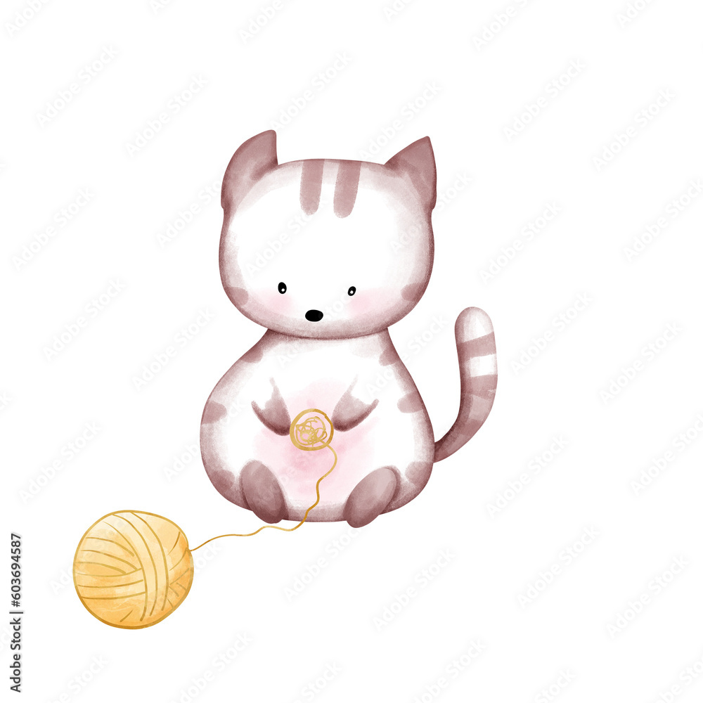 Fototapeta premium Hand drawn cute cat watercolor element illustration.