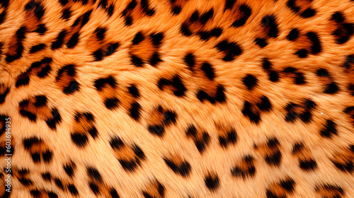 Leopard furry coat close up texture. Brown black wildlife leo fur abstract background photo