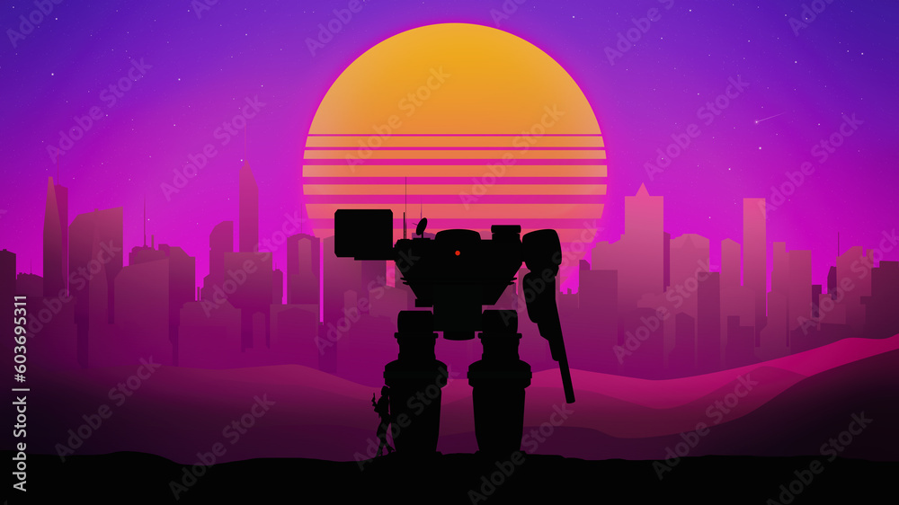 Naklejka premium silhouette of a large combat mech against the backdrop of a city with skyscrapers and a sky with an evening sun in retrowave style