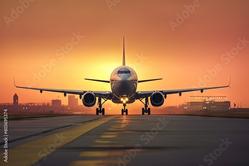 Sunset Skyline. Plane Landing at the Airport. Airplane Transportation. Generative AI illustrations.